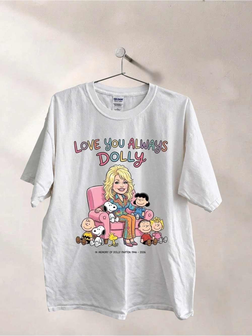 Gildan White Graphic Tee with Multicolor Dolly Parton Illustration